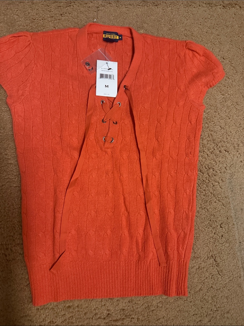 Ralph Lauren Orange Cable-Knit Lace-Up V-Neck Sweater Tee
